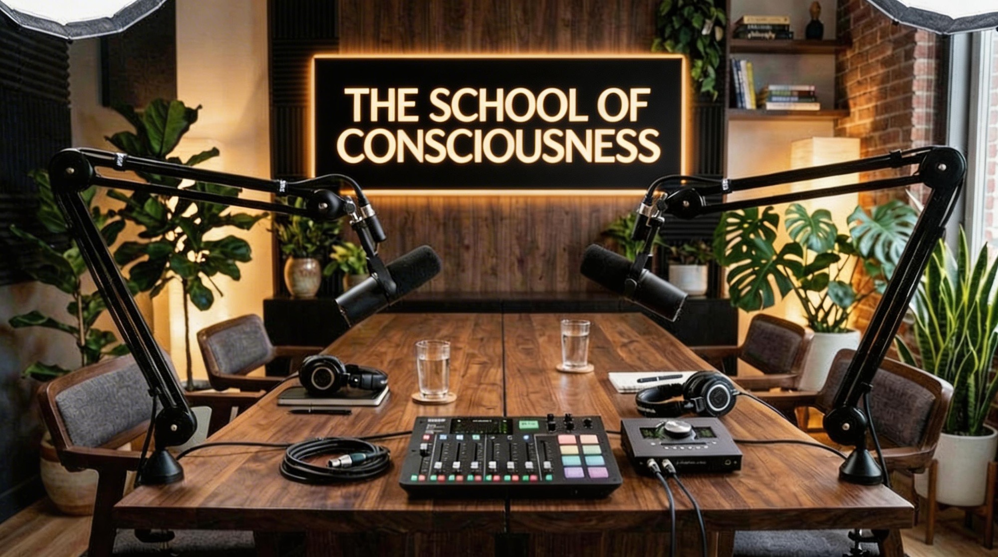 The podcast studio for The School of Consciousness: a warm wooden table with two broadcast microphones on arms, headphones and a mixing desk, houseplants around the room, and a glowing amber sign on the wall reading The School of Consciousness